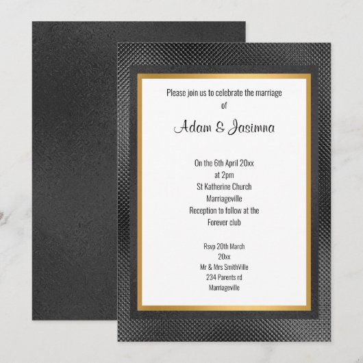 BLACK GOLD LAYERED EMBOSSED WEDDING 2 INVITATION KAART (Voorkant / Achterkant)