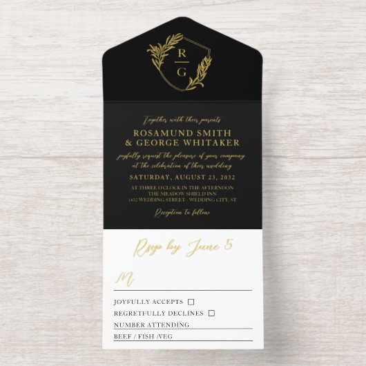 Black Gold Leaf Adorned Shield Monogram Wedding All In One Uitnodiging (Binnenkant)