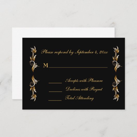 Black, Gold Leaf Scroll Response RSVP Kaartje (Voorkant / Achterkant)
