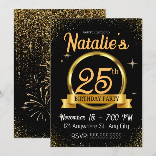 Black Gold Luxury Bonne Invitation de fête d'anniv (Devant / Derrière)