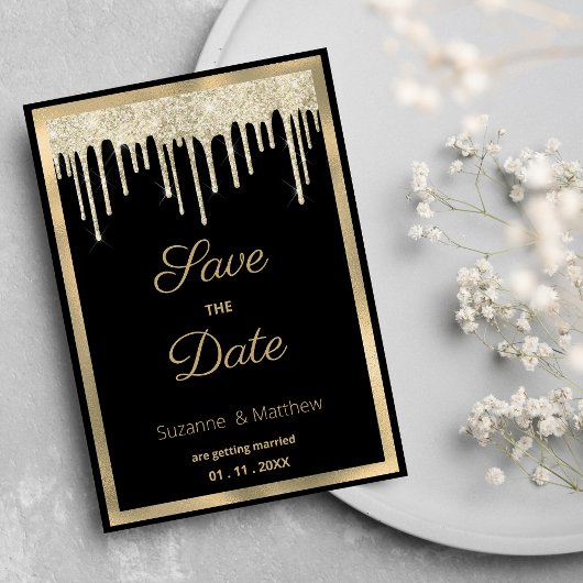 Black gold luxury glitter drips Save the Date Kaart