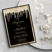 Black gold luxury glitter drips wedding kaart