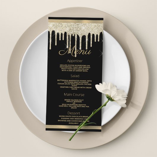 Black gold luxury glitter drips Wedding Menu