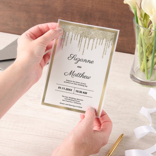 Black gold luxury glitter drips Wedding Vellum Uitnodigingen (Draagbaar)