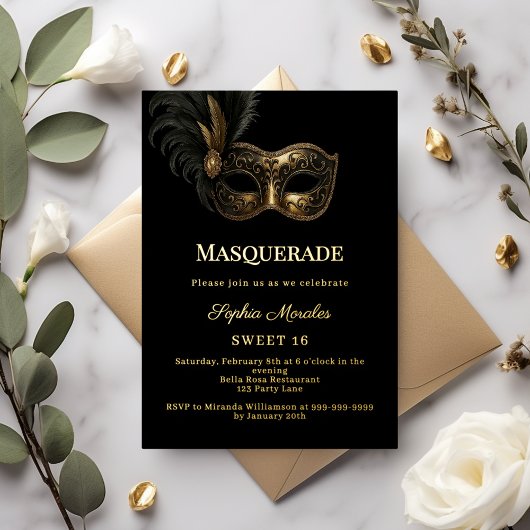 Black gold luxury Masquerade party Sweet 16 Folie Uitnodiging