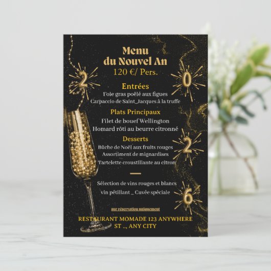 Black & Gold Luxury Sparkle Dinner Menu Template (Debout devant)