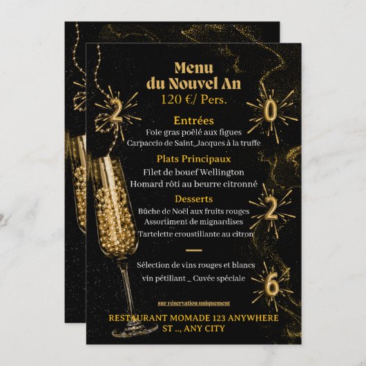 Black & Gold Luxury Sparkle Dinner Menu Template (Devant / Derrière)