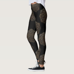 Black Gold Mandalas Pattern   Zen Boho Yoga Pants Leggings