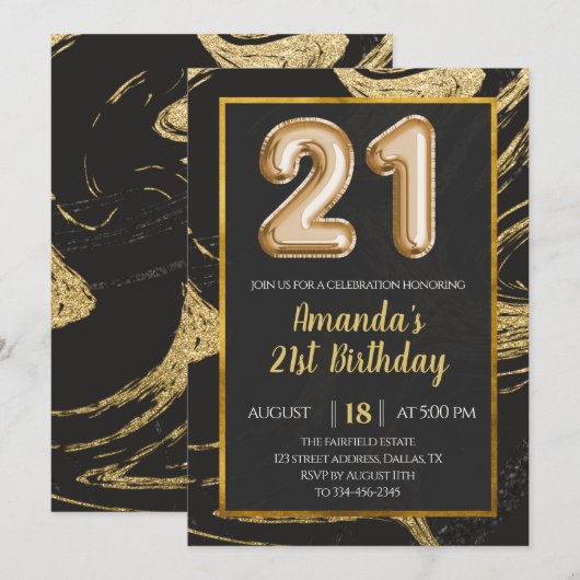 Black Gold Marble 21st Birthday Invitation Kaart (Voorkant / Achterkant)