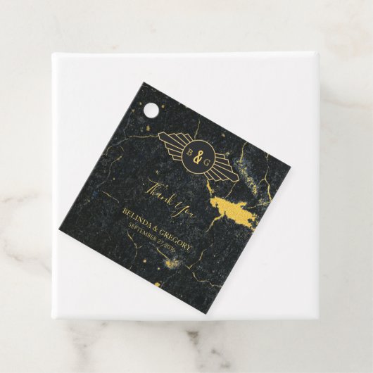 Black Gold Marble Art Deco Wedding Bedankjes Labels (In situ)