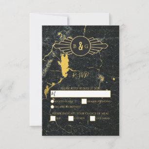 Black Gold Marble Art Deco Wedding RSVP Kaartje