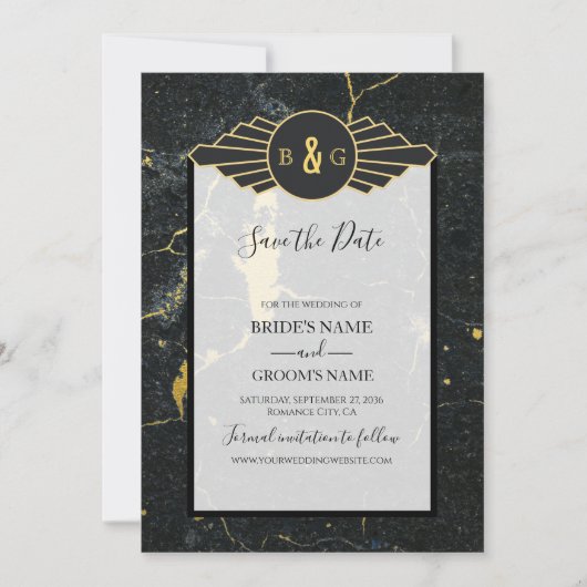 Black Gold Marble Art Deco Wedding Save The Date (Voorkant)