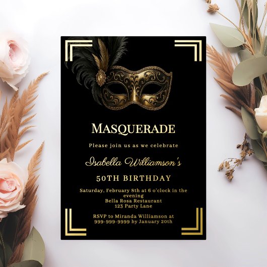 Black gold Masquerade luxury birthday party Folie Uitnodiging