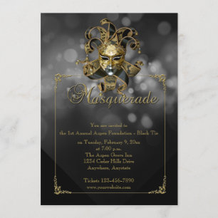 Black Gold Masquerade Mardi Gras Ball Invitation Kaart