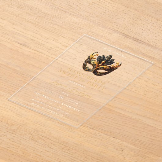 Black Gold Masquerade Sweet 16 Birthday Party Acryl Uitnodigingen (Laagn)