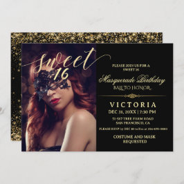 Black & gold Masquerade Sweet 16 Birthday Photo Kaart