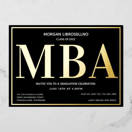 Black Gold MBA Afstuderen Folie Folie Uitnodiging (Voorkant)