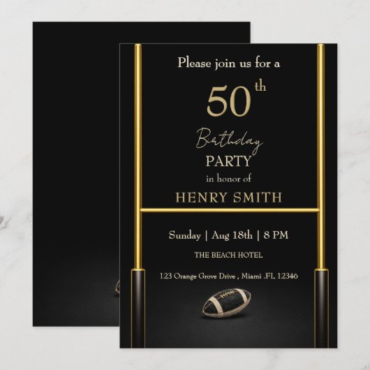 Black & Gold Men's Birthday Invitation Kaart (Voorkant / Achterkant)