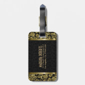 Black & Gold Metallic Floral Damascus-Gepersonalis Bagagelabel (Achterkant verticaal)