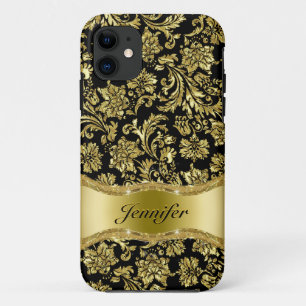 Black & Gold Metallic Floral Damascus-Gepersonalis iPhone 11 Hoesje
