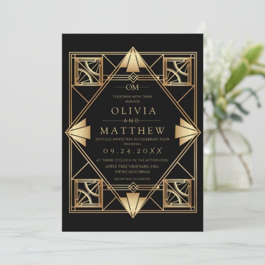 Black & Gold Modern Art Deco Wedding Invitation  (Debout devant)