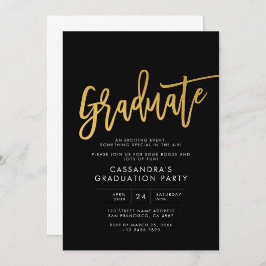 Black Gold Modern Script Afstuderen Kaart (Voorkant / Achterkant)