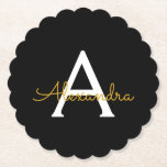 Black Gold Modern Script Girl Monogramme Nom<br><div class="desc">Dessous de verre en papier noir et or Simple Script Monogramme Nom. Cela fait le cadeau parfait de remise de diplômes,  anniversaire,  mariage,  douche nuptiale,  anniversaire,  baby shower ou bachelorette pour quelqu'un qui aime le luxe glam et les styles chic.</div>