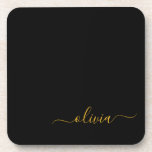 Black Gold Modern Script Girl Monogramme Nom<br><div class="desc">Dessous de verre en papier noir et or Simple Script Monogramme Nom. Cela fait le cadeau parfait de remise de diplômes,  anniversaire,  mariage,  douche nuptiale,  anniversaire,  baby shower ou bachelorette pour quelqu'un qui aime le luxe glam et les styles chic.</div>