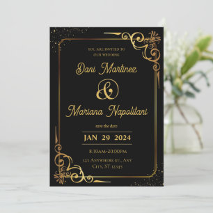 Black Gold Modern Wedding Uitnodiging