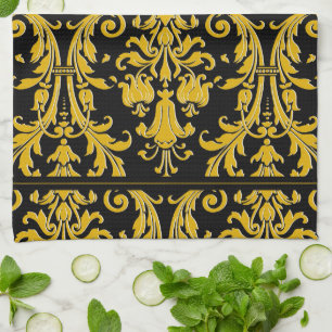 Black Gold Monogram Aangepaste naam Floral Damask Theedoek