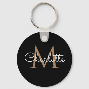 Black Gold Monogram Elegant Feminine Script Sleutelhanger
