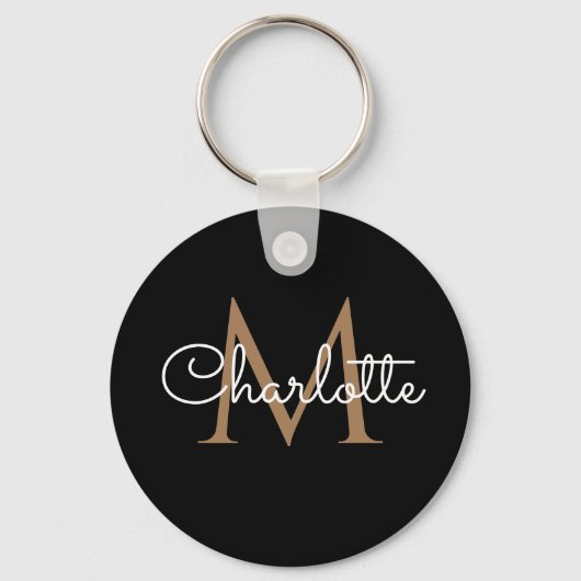 Black Gold Monogram Elegant Feminine Script Sleutelhanger (Voorkant)