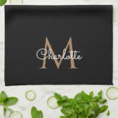 Black Gold Monogram Elegant Girly Script Theedoek (Gevouwen)