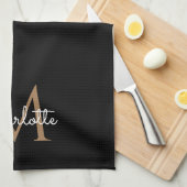 Black Gold Monogram Elegant Girly Script Theedoek (Quarter Fold)