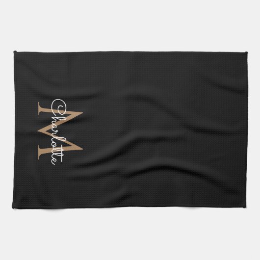 Black Gold Monogram Elegant Girly Script Theedoek (Horizontaal)