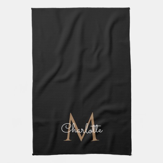 Black Gold Monogram Elegant Girly Script Theedoek (Verticaal)