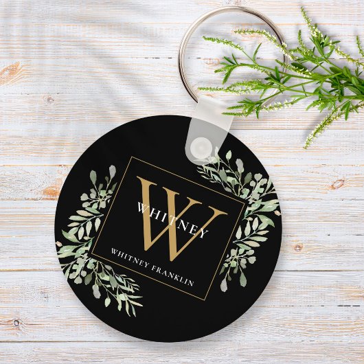 Black Gold Monogram Elegant Greenery Sleutelhanger