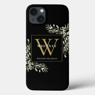 Black Gold Monogram Elegant Modern Greenery iPhone 13 Hoesje