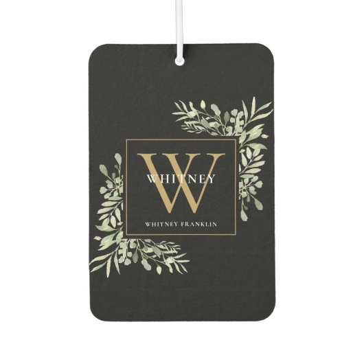 Black Gold Monogram Elegant Modern Greenery Luchtverfrisser (Voorkant)