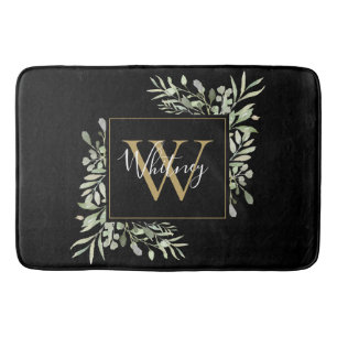 Black Gold Monogram Greenery Floral Badmat