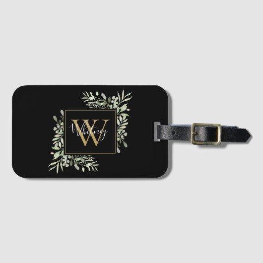 Black Gold Monogram Greenery Floral Bagagelabel (Voorkant (horizontaal))