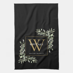 Black Gold Monogram Greenery Waterverf Leaves Kit Theedoek