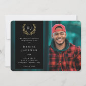 Black/Gold Monogram Laurel WreatAfstuderen Foto Aankondiging (Voorkant)