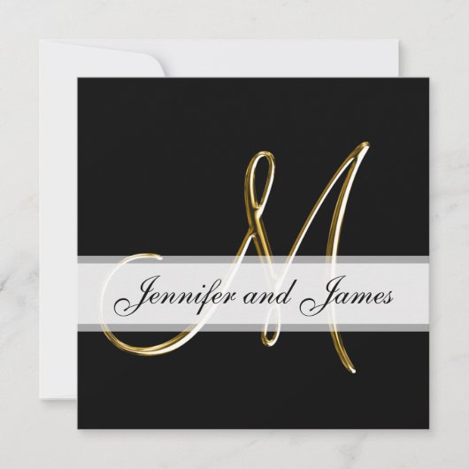 Black Gold Monogram M Wedding Invitation Kaart (Voorkant)