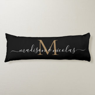 Black Gold Monogram Script Pas getrouwd Jubileum Lichaamskussen