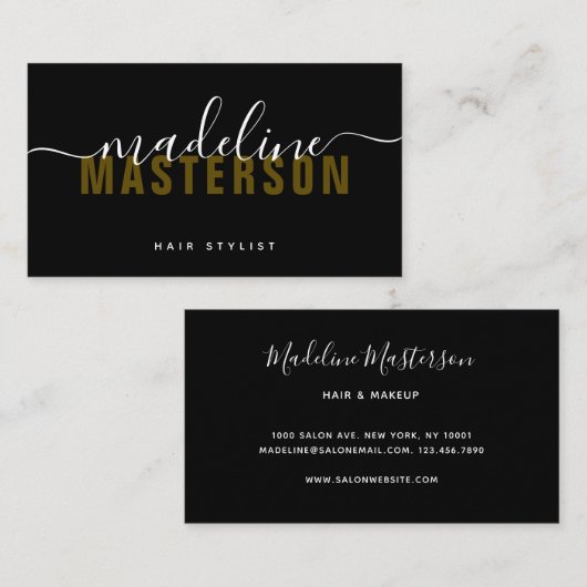 Black Gold Monogram Script Signature Haar Stylist Visitekaartje (Voorkant / Achterkant)