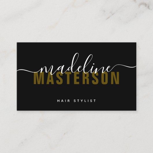 Black Gold Monogram Script Signature Haar Stylist Visitekaartje (Voorkant)