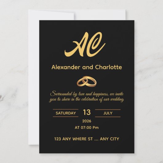 Black Gold Monogram Wedding Invitation (Devant)