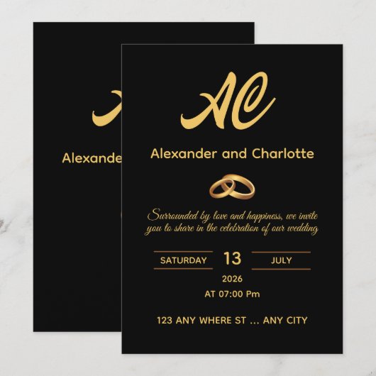 Black Gold Monogram Wedding Invitation (Devant / Derrière)