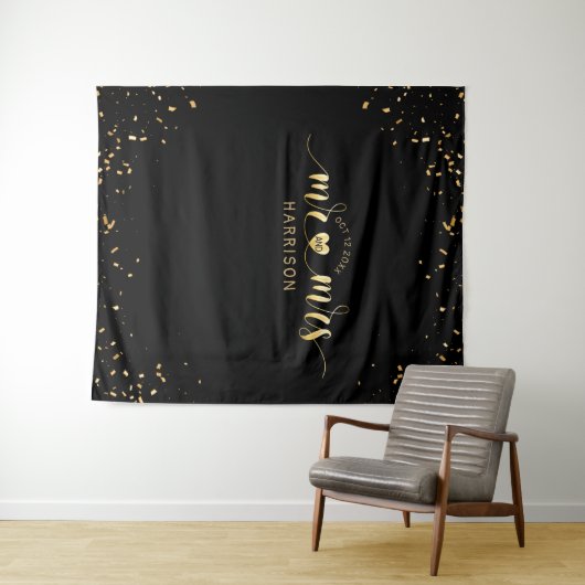Black Gold Mr en Mrs Wedding Photo Booth Tapestry Wandkleed (In Situ (horizontaal))